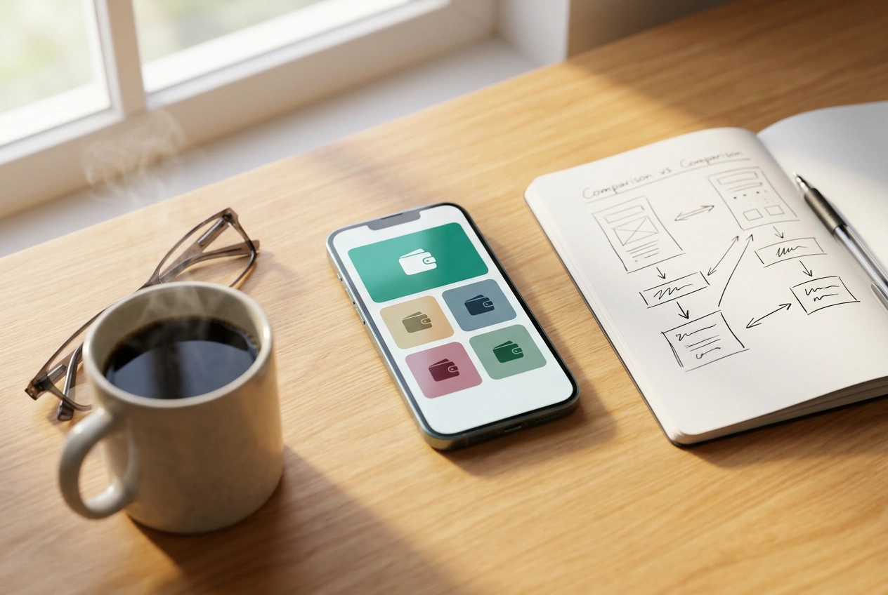 Smartphone op een houten bureau met meerdere betaalapps zichtbaar, naast een notitieboek en een kop koffie