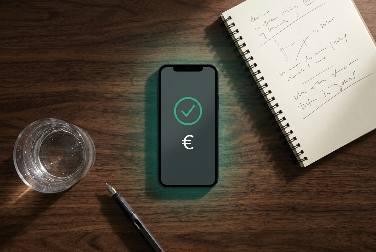 Smartphone op tafel toont een binnenkomende betalingsnotificatie naast een notitieblok met handgeschreven aantekeningen